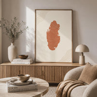 Qatar Map Wall Art, Boho Minimalist Terracotta Topographic Mid Century Print, Framed Canvas Decor