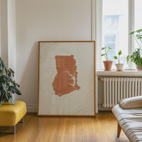 Ghana Map Wall Art, Boho Minimalist Terracotta Topographic Mid Century Print, Framed Canvas Decor
