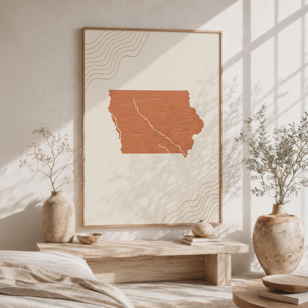 Iowa Map Wall Art, Boho Minimalist Terracotta Topographic Mid Century Print, Framed Canvas Decor