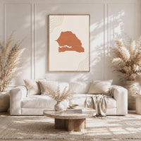 Senegal Map Wall Art, Boho Minimalist Terracotta Topographic Mid Century Decor, Framed Canvas Print