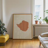 Zimbabwe Map Wall Art, Boho Minimalist Terracotta Topographic Mid Century Print, Framed Canvas Decor