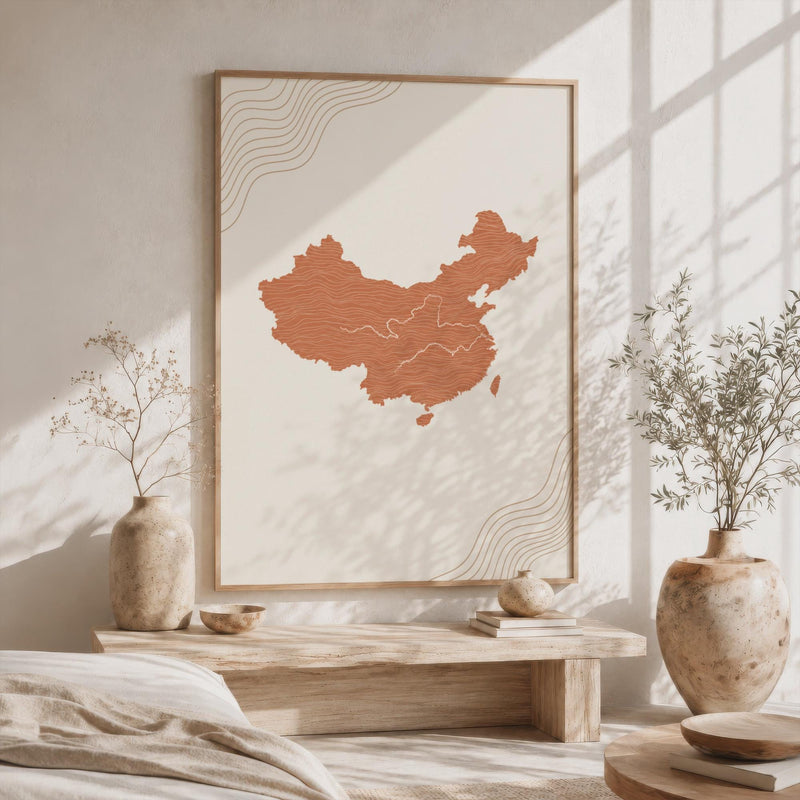 China Map Wall Art, Boho Minimalist Terracotta Topographic Mid Century Framed Canvas Print, Decor