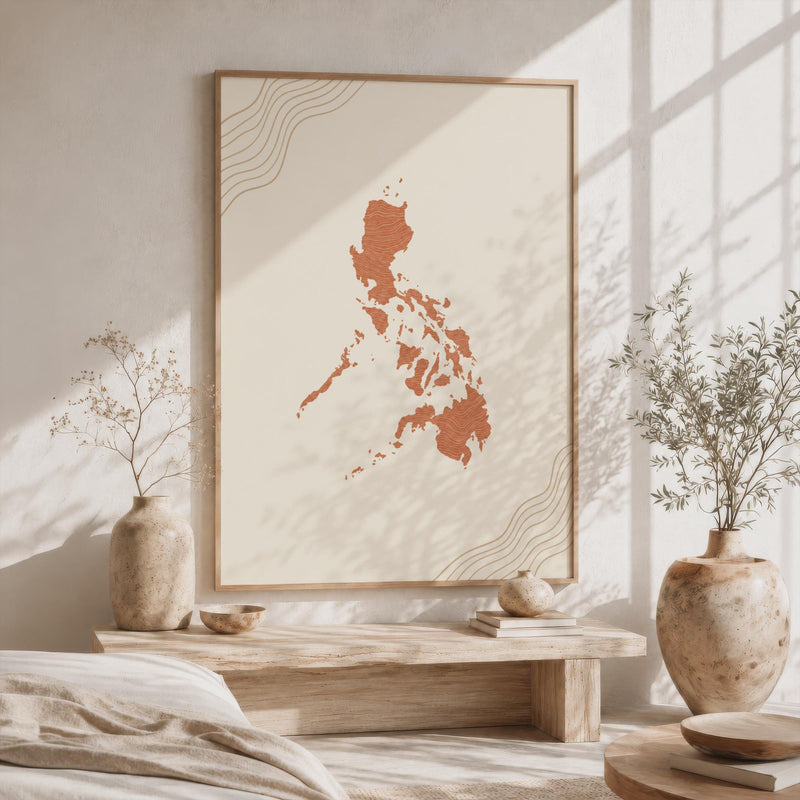 Philippines Map Wall Art, Mid Century Boho Minimalist Terracotta Topographic Framed Canvas Print