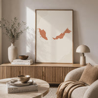 Malaysia Map Wall Art, Boho Minimalist Terracotta Topographic Mid Century Framed Canvas Print