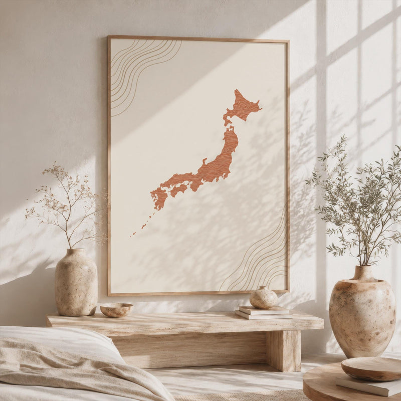 Japan Map Wall Art, Boho Minimalist Topographic Mid Century Framed Canvas Print, Terracotta Decor