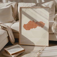 Slovakia Map Wall Art, Boho Minimalist Terracotta Topographic Mid Century Framed Canvas Print