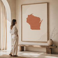 Wisconsin Map Wall Art, Boho Minimalist Terracotta Topographic Mid Century Framed Canvas Print