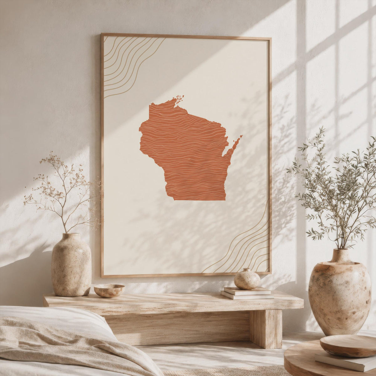 Wisconsin Map Wall Art, Boho Minimalist Terracotta Topographic Mid Century Framed Canvas Print