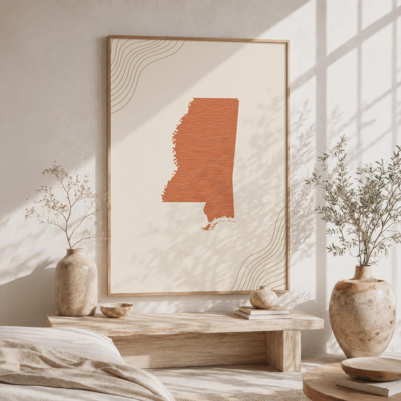 Mississippi Map Wall Art, Mid Century Boho Minimalist Terracotta Topographic Framed Canvas Print