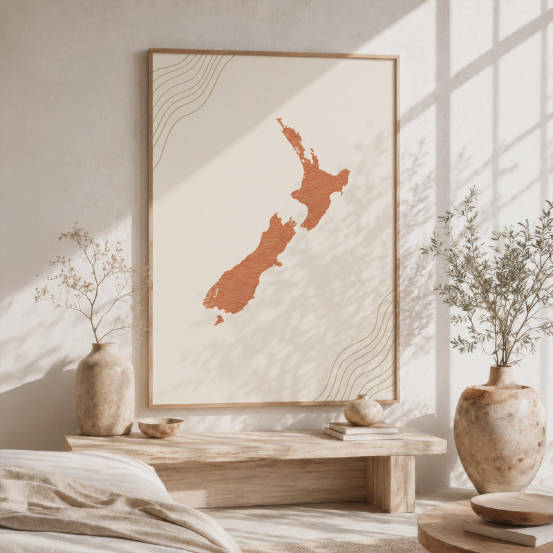 New Zealand Map Wall Art, Boho Minimalist Terracotta Topographic Mid Century Print, Framed Canvas