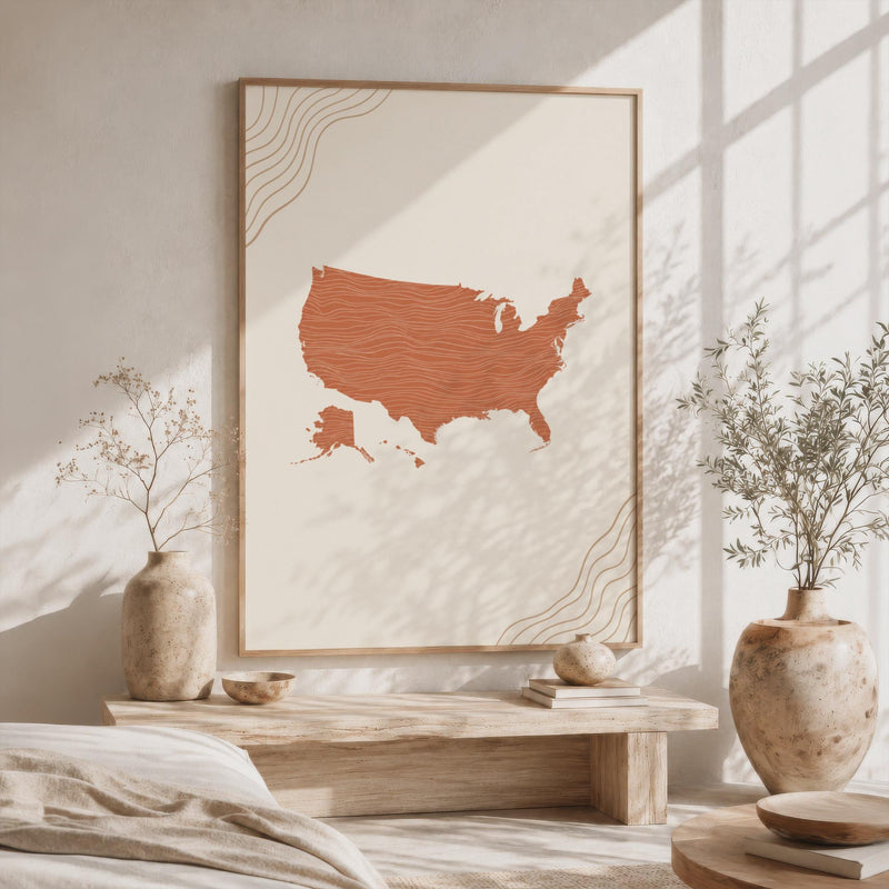 USA Map Wall Art, Boho Minimalist Terracotta Topographic Mid Century Decor, Framed Canvas Print