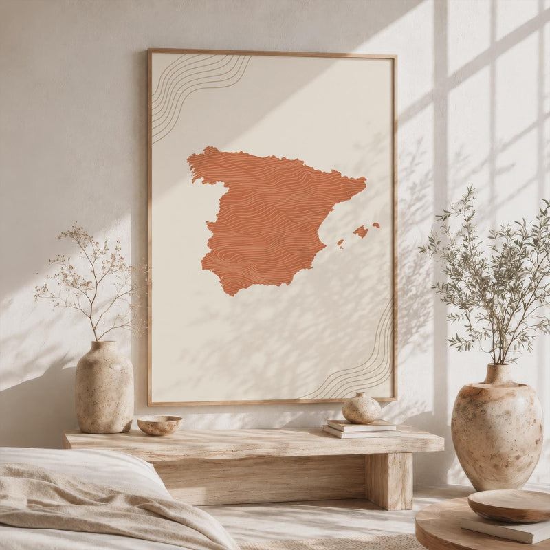 Spain Map Wall Art, Boho Minimalist Terracotta Topographic Mid Century Framed Canvas Print, Decor