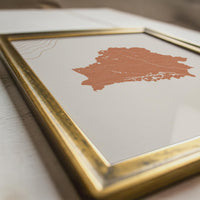 Belarus Map Wall Art, Boho Minimalist Terracotta Topographic Mid Century Framed Canvas Print
