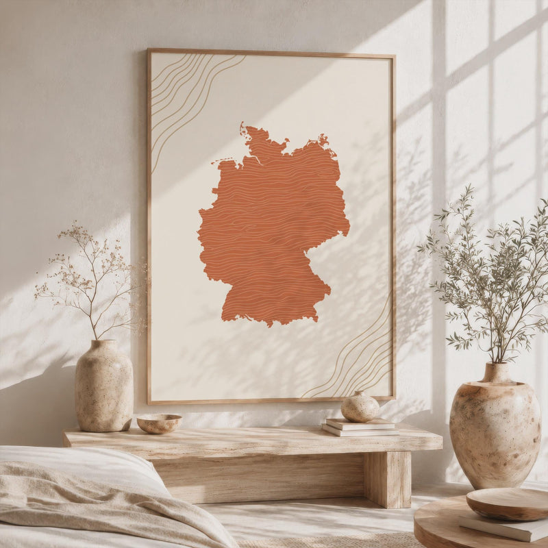 Germany Map Wall Art, Boho Minimalist Terracotta Topographic Mid Century Print, Framed Canvas Decor