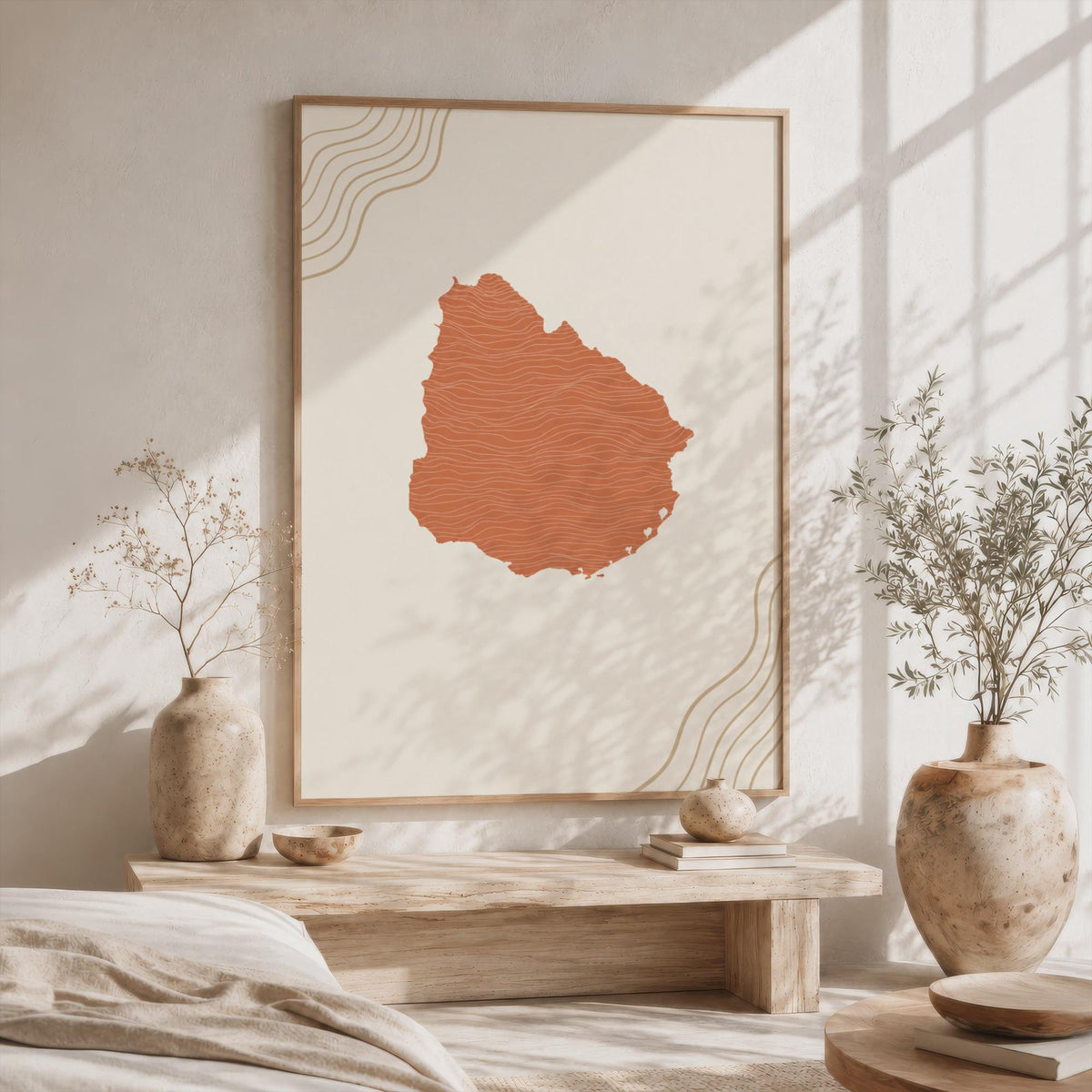 Uruguay Map Wall Art, Boho Minimalist Terracotta Topographic Mid Century Print, Framed Canvas Decor