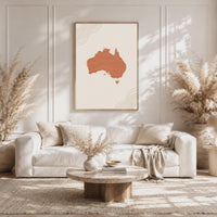 Australia Map Wall Art, Boho Minimalist Terracotta Topographic Mid Century Print, Framed Canvas Decor