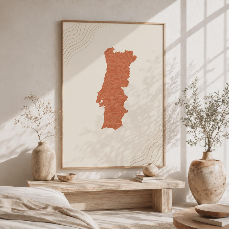 Portugal Map Wall Art, Boho Minimalist Terracotta Topographic Mid Century Framed Canvas Print