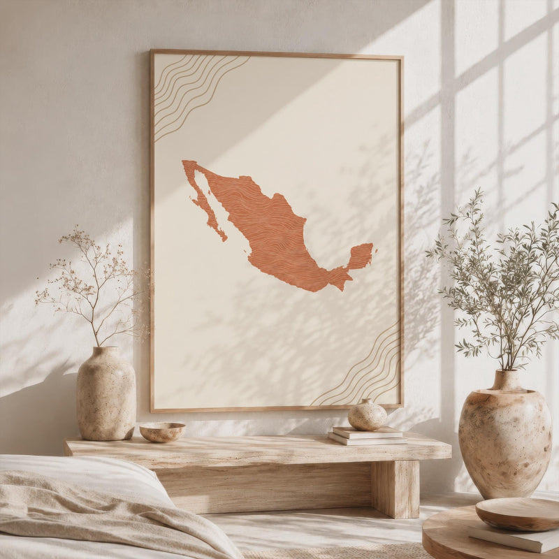 Mexico Map Wall Art, Boho Minimalist Terracotta Topographic Mid Century Print, Framed Canvas Decor