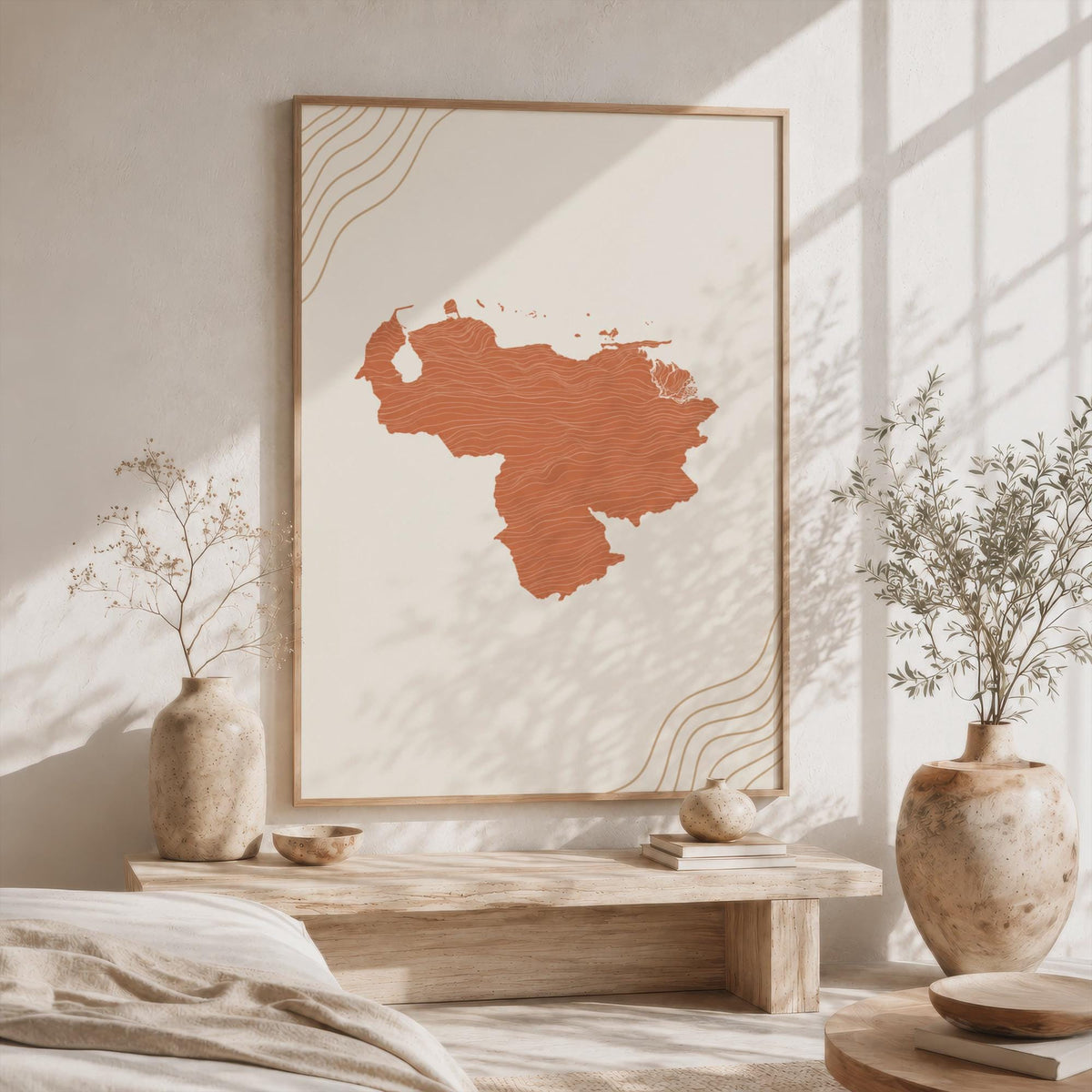 Venezuela Map Wall Art, Boho Minimalist Terracotta Topographic Mid Century Print, Framed Canvas Decor