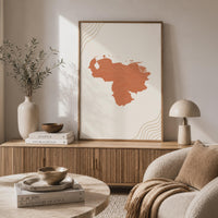 Venezuela Map Wall Art, Boho Minimalist Terracotta Topographic Mid Century Print, Framed Canvas Decor