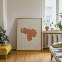 Venezuela Map Wall Art, Boho Minimalist Terracotta Topographic Mid Century Print, Framed Canvas Decor