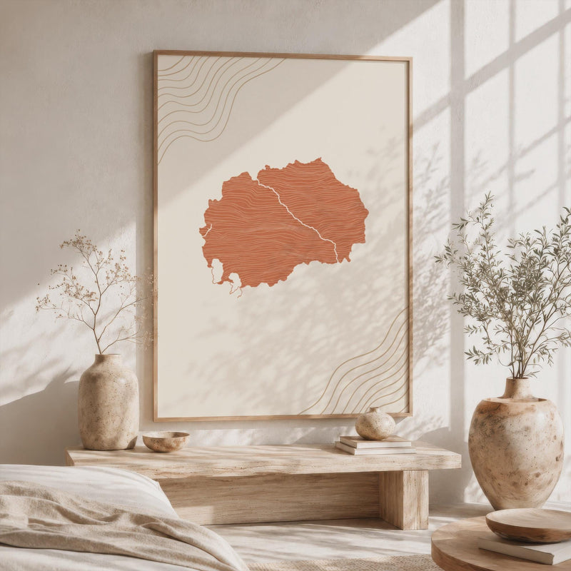 North Macedonia Map Wall Art, Boho Minimalist Terracotta Topographic Mid Century Framed Canvas Print
