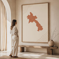 Laos Map Wall Art, Mid Century Boho Minimalist Terracotta Topographic Framed Canvas Print