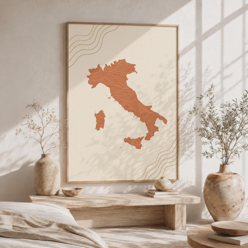 Italy Map Wall Art, Boho Minimalist Terracotta Topographic Mid Century Print, Framed Canvas Decor