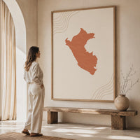 Peru Map Wall Art, Boho Minimalist Terracotta Topographic Mid Century Print, Framed Canvas Decor