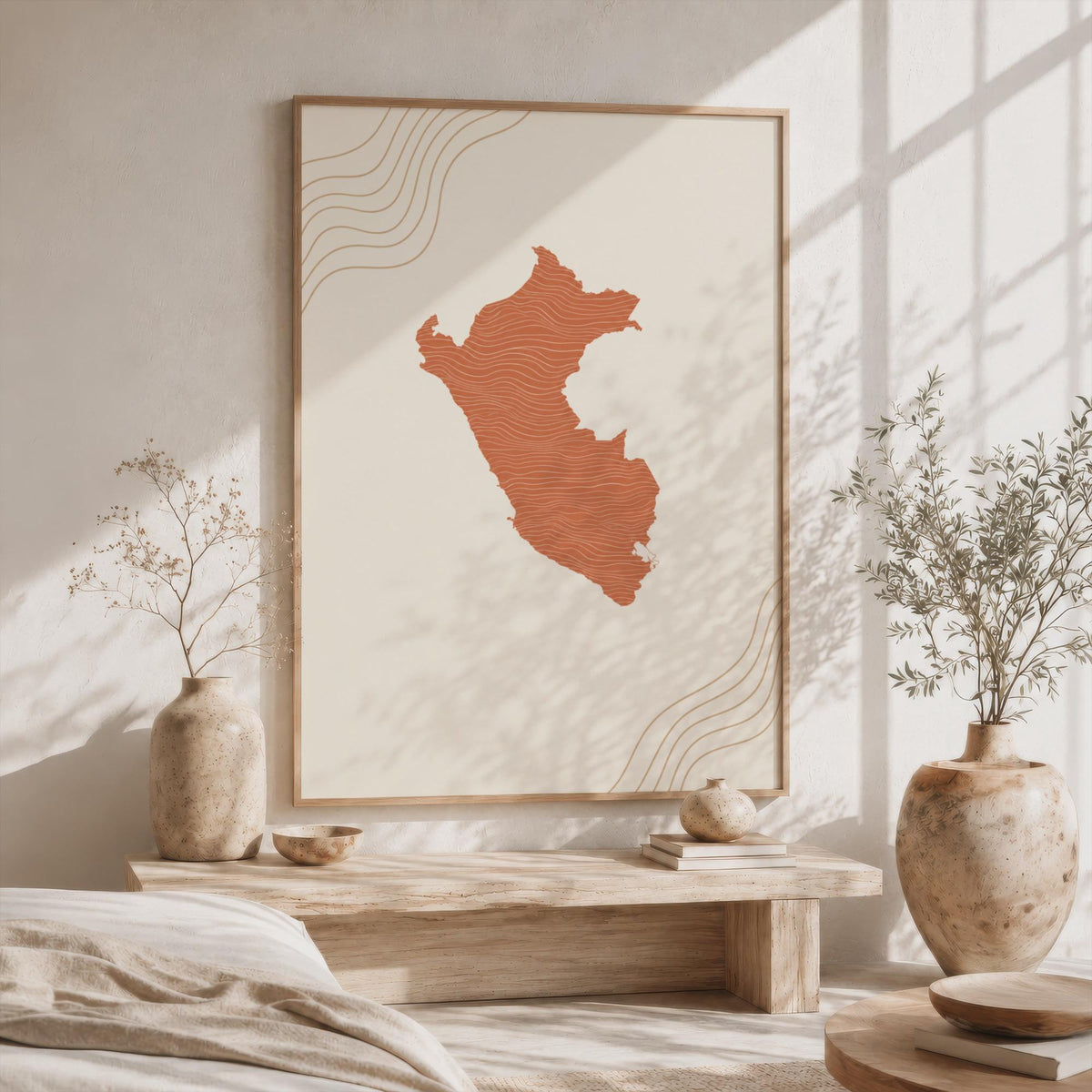 Peru Map Wall Art, Boho Minimalist Terracotta Topographic Mid Century Print, Framed Canvas Decor