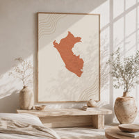 Peru Map Wall Art, Boho Minimalist Terracotta Topographic Mid Century Print, Framed Canvas Decor