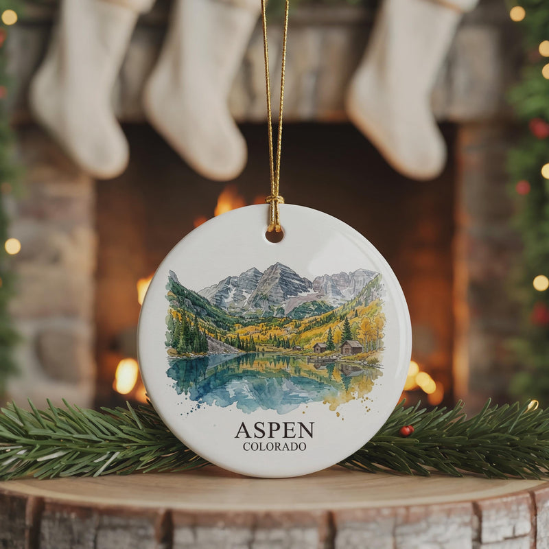 Aspen Colorado Watercolor Ceramic Custom Ornament, Christmas Maroon Bells Mountain Lake Cabin Gift