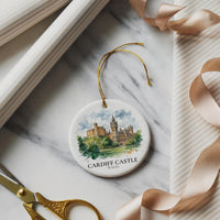 Cardiff Castle Watercolor Ceramic Custom Ornament, Christmas Wales Travel Gift