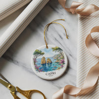 Capri Italy Watercolor Ceramic Custom Ornament, Christmas Mediterranean Travel Gift