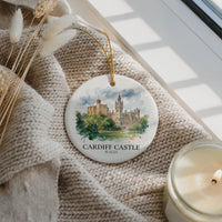 Cardiff Castle Watercolor Ceramic Custom Ornament, Christmas Wales Travel Gift