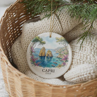 Capri Italy Watercolor Ceramic Custom Ornament, Christmas Mediterranean Travel Gift
