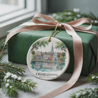 Charleston Watercolor Ceramic Custom Ornament, Christmas South Carolina Travel Gift