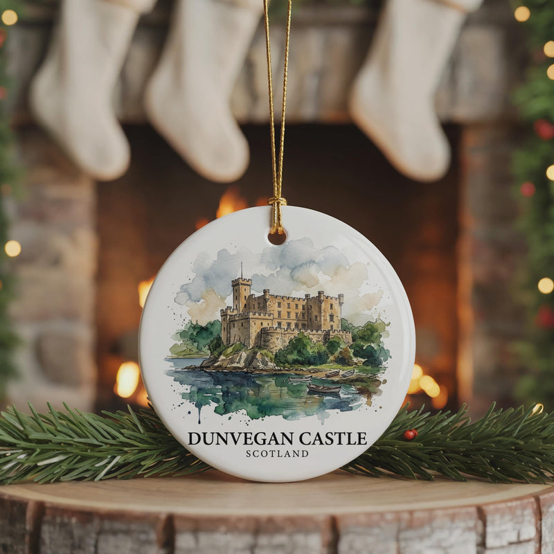 Dunvegan Castle Watercolor Ceramic Custom Ornament, Christmas Scotland Travel Gift