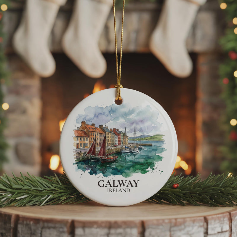 Galway Harbor Watercolor Ceramic Custom Ornament, Christmas Ireland Travel Gift