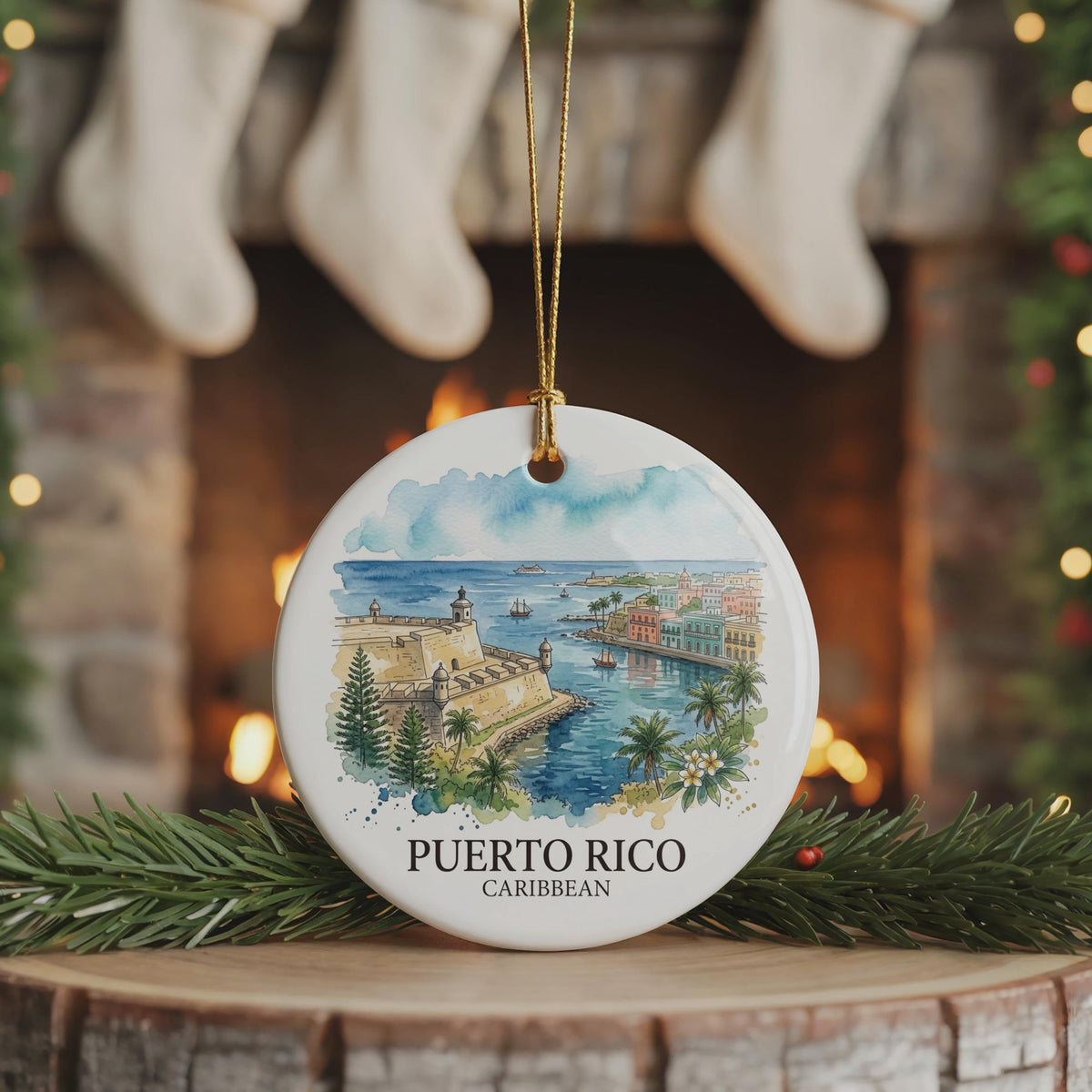 Puerto Rico Travel Gift Custom Ornament, Christmas Old San Juan Watercolor
