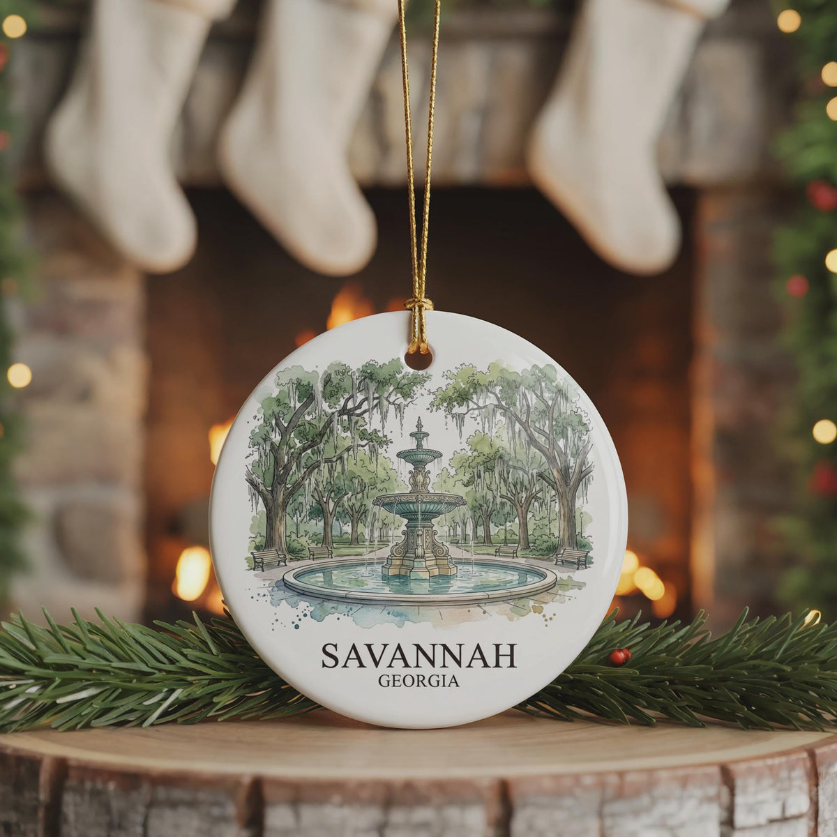 Savannah Georgia Park Watercolor Custom Ornament, Christmas Georgia Travel Gift