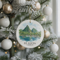 St. Lucia Watercolor Ceramic Custom Ornament, Christmas Caribbean Island Travel Gift