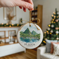 St. Lucia Watercolor Ceramic Custom Ornament, Christmas Caribbean Island Travel Gift