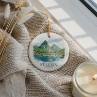 St. Lucia Watercolor Ceramic Custom Ornament, Christmas Caribbean Island Travel Gift