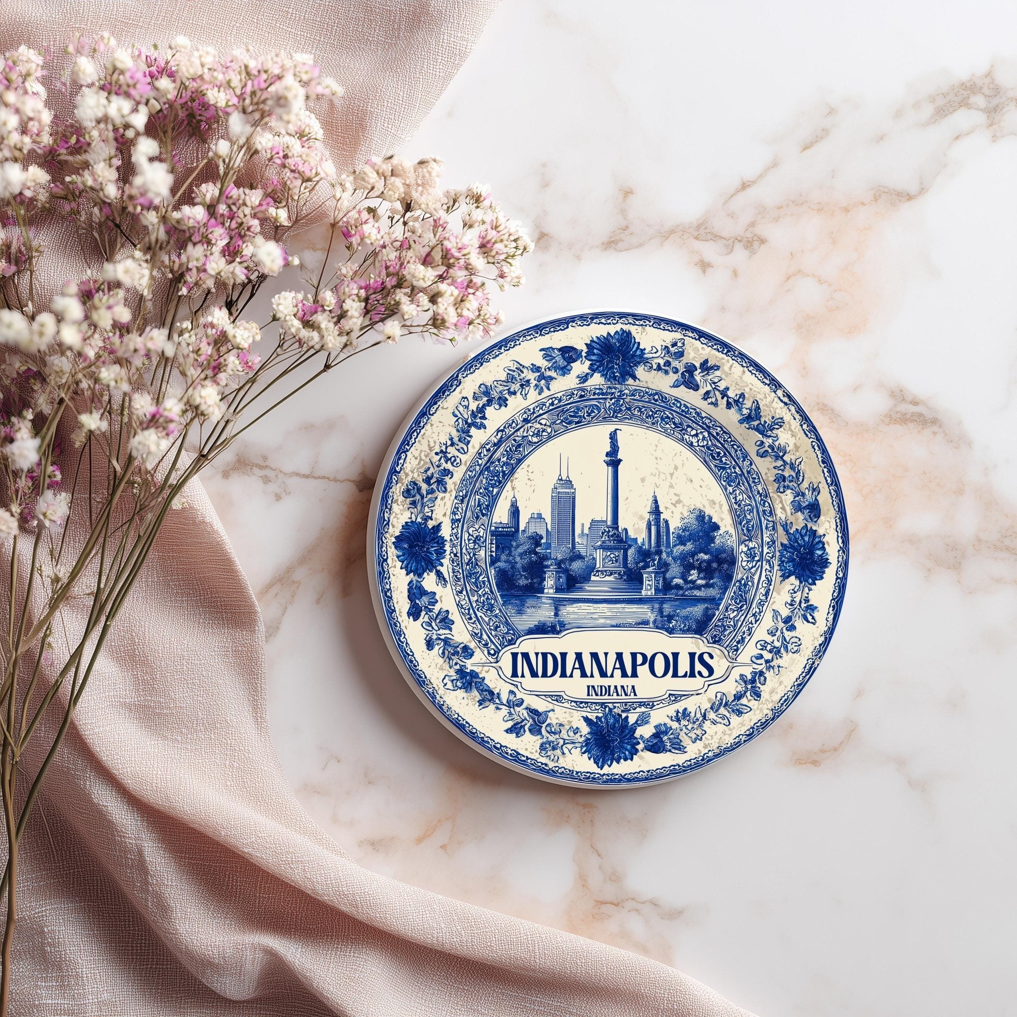 Indianapolis Indiana Delftware Ceramic Coaster, Blue White Travel Gift, Vintage Home Decor Collectible - CuteBeePix
