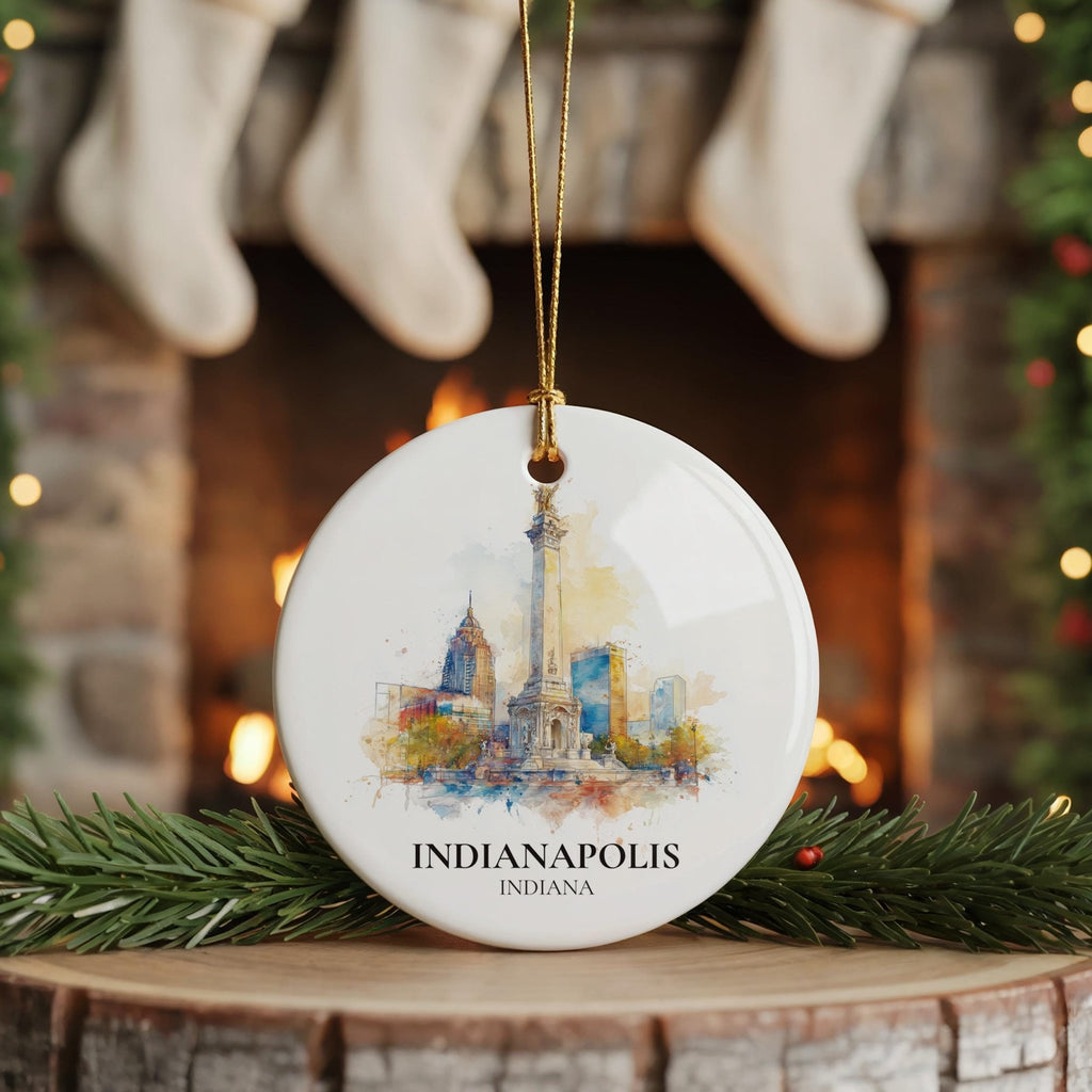 Indianapolis Indiana Personalized Watercolor Ornament, Custom Ceramic Christmas gift, Travel Keepsake - CuteBeePix
