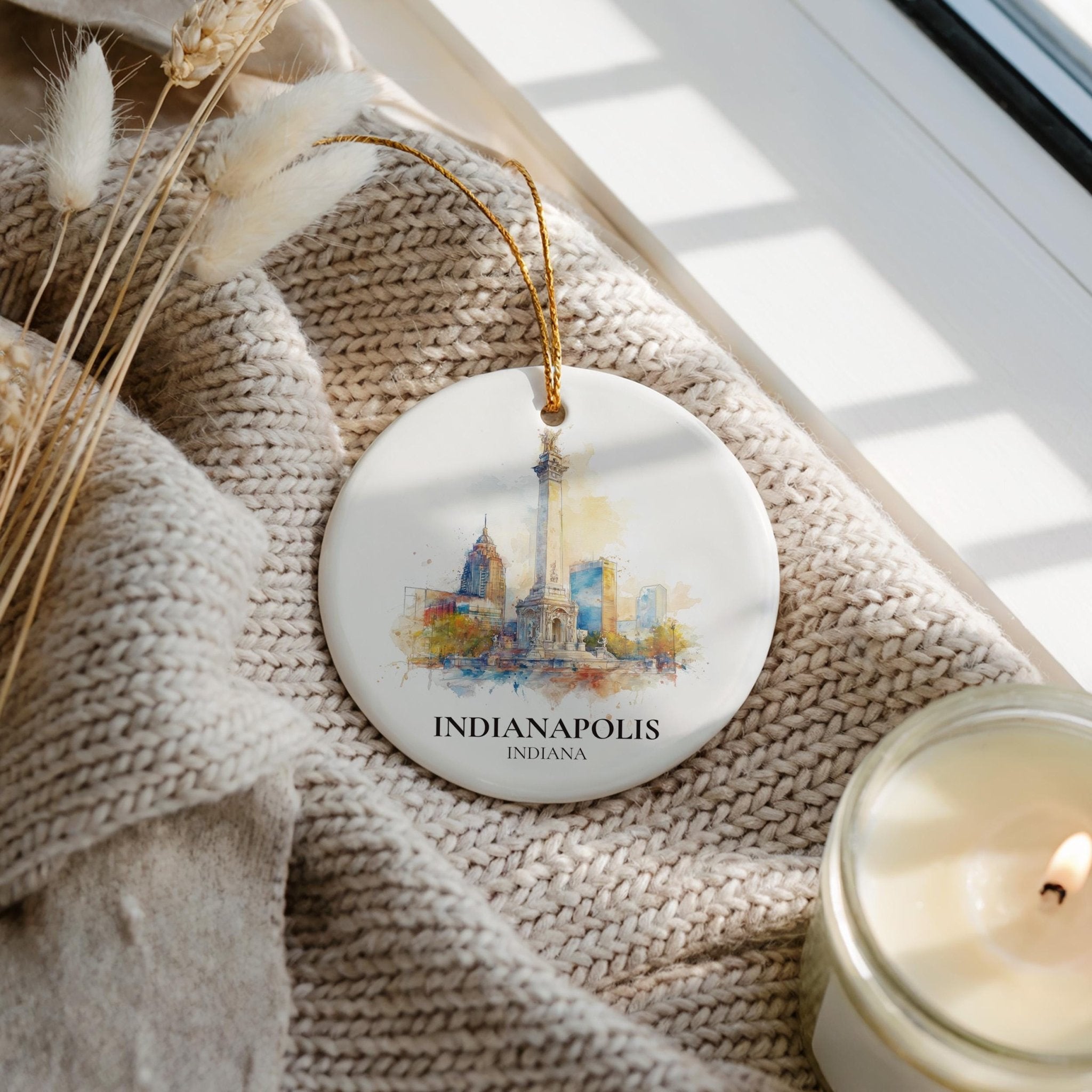 Indianapolis Indiana Personalized Watercolor Ornament, Custom Ceramic Christmas gift, Travel Keepsake - CuteBeePix