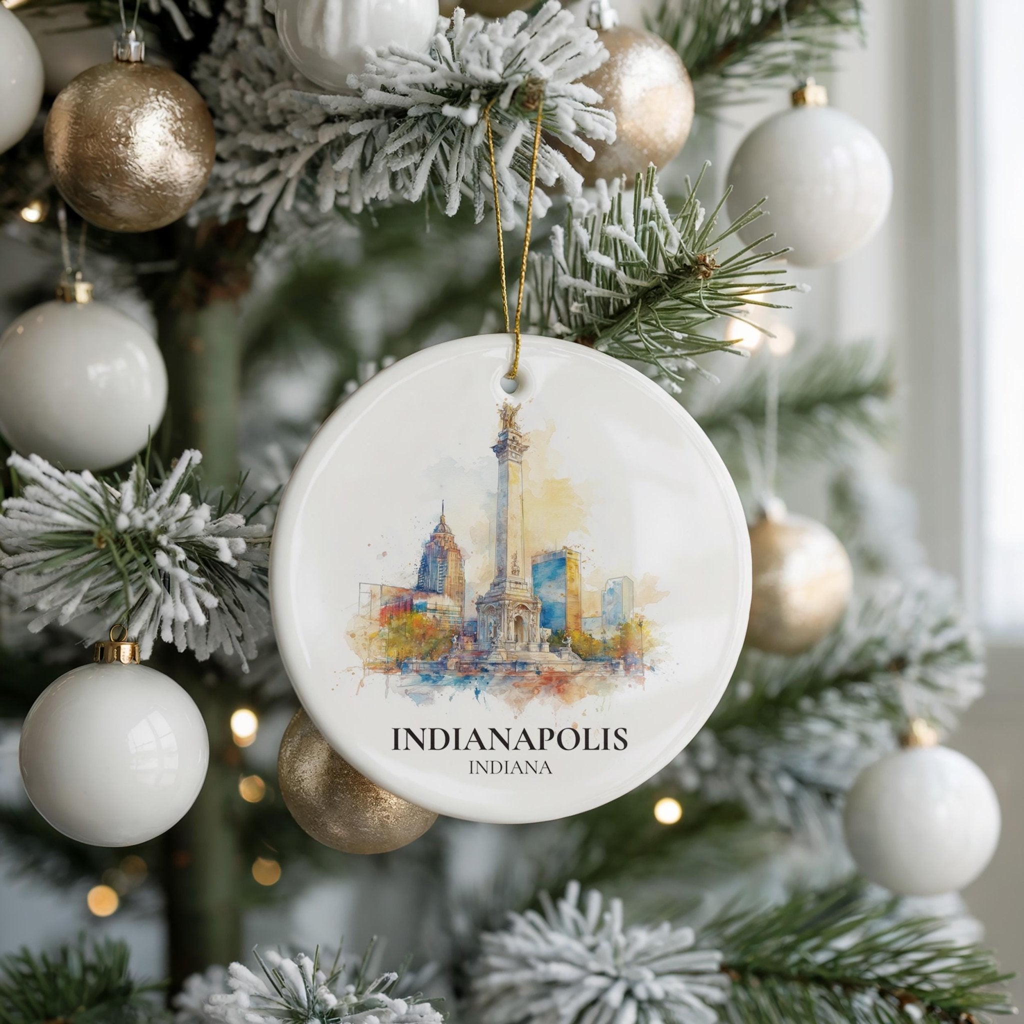Indianapolis Indiana Personalized Watercolor Ornament, Custom Ceramic Christmas gift, Travel Keepsake - CuteBeePix