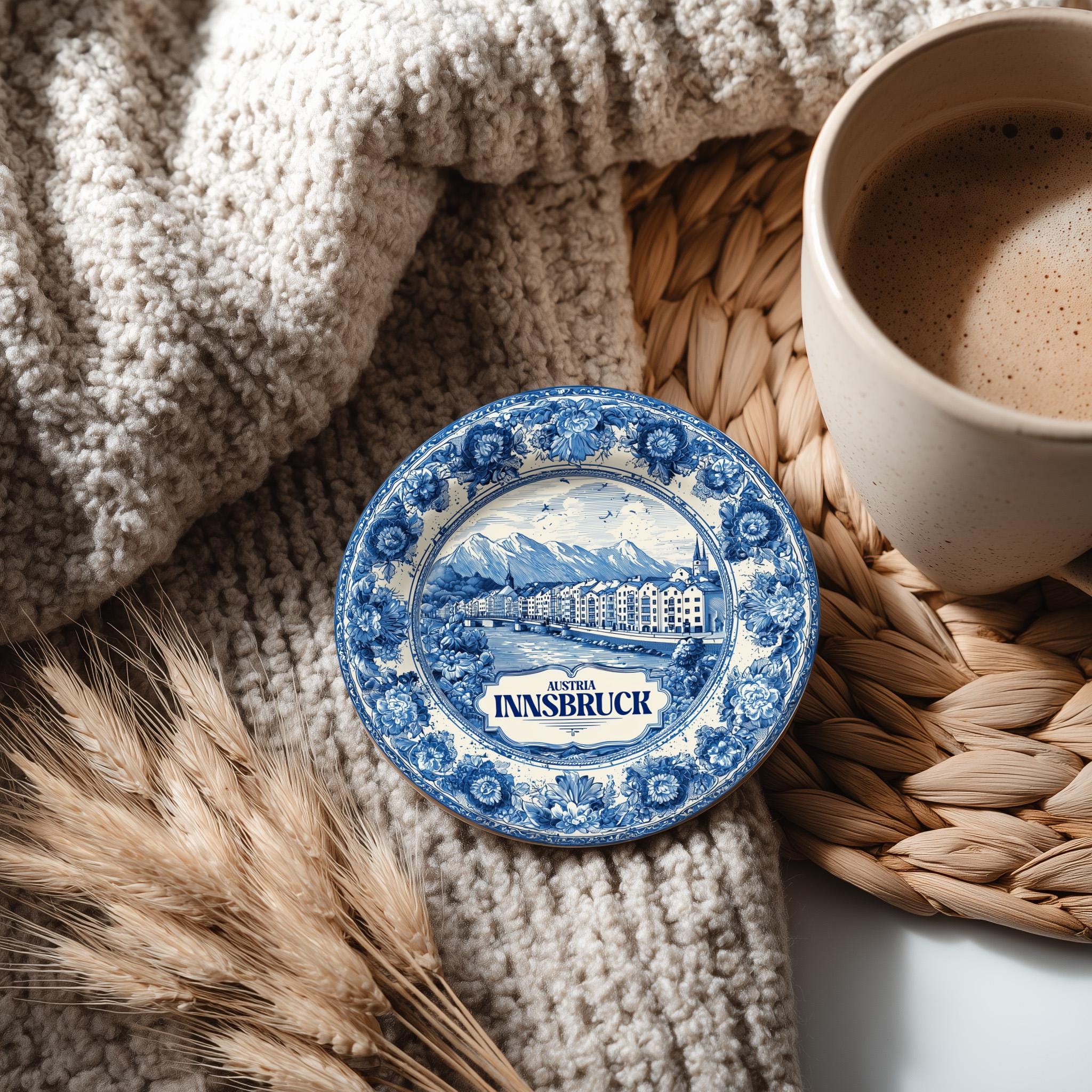 Innsbruck Austria Delftware Ceramic Coaster, Blue White Travel Gift, Vintage Home Decor Collectible - CuteBeePix