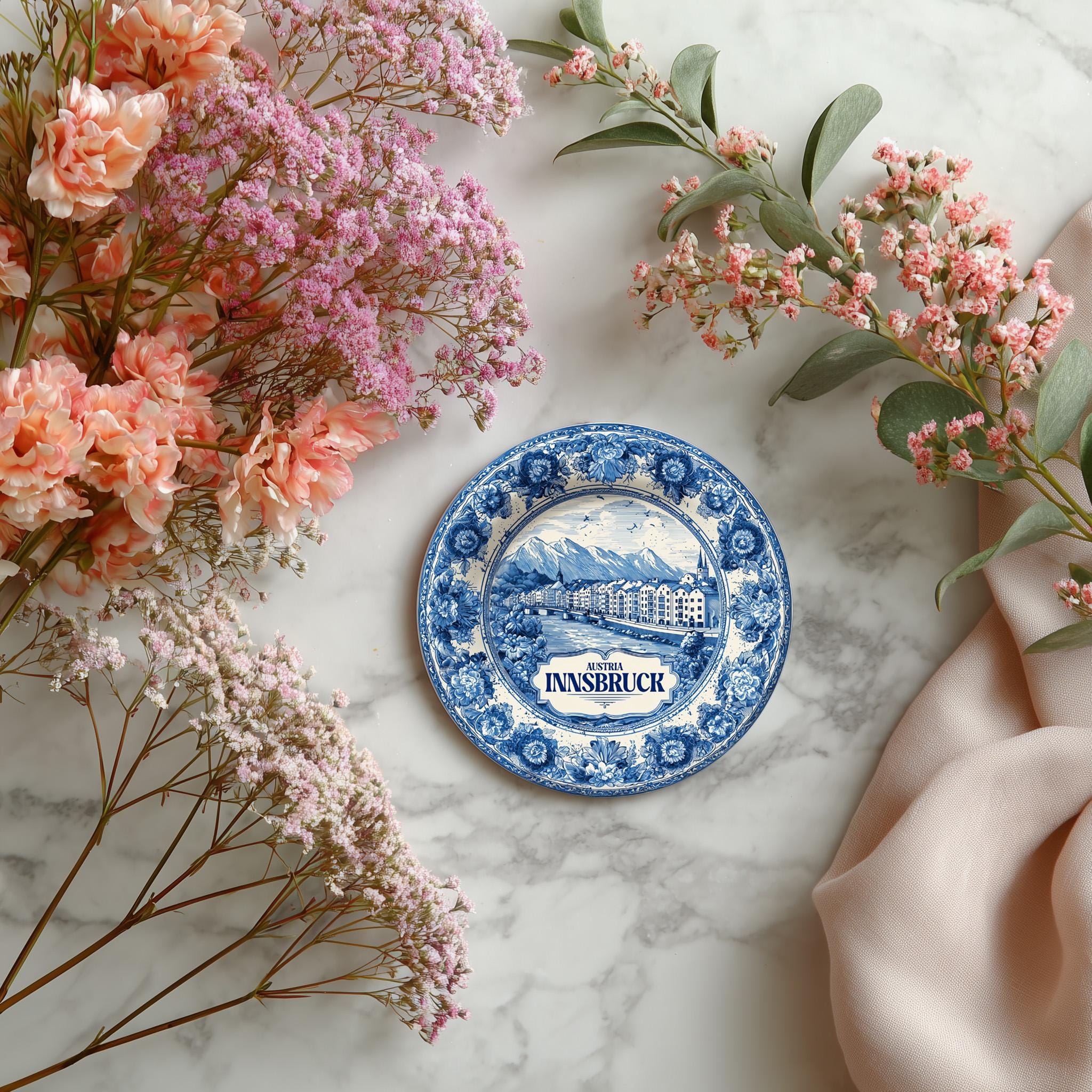 Innsbruck Austria Delftware Ceramic Coaster, Blue White Travel Gift, Vintage Home Decor Collectible - CuteBeePix